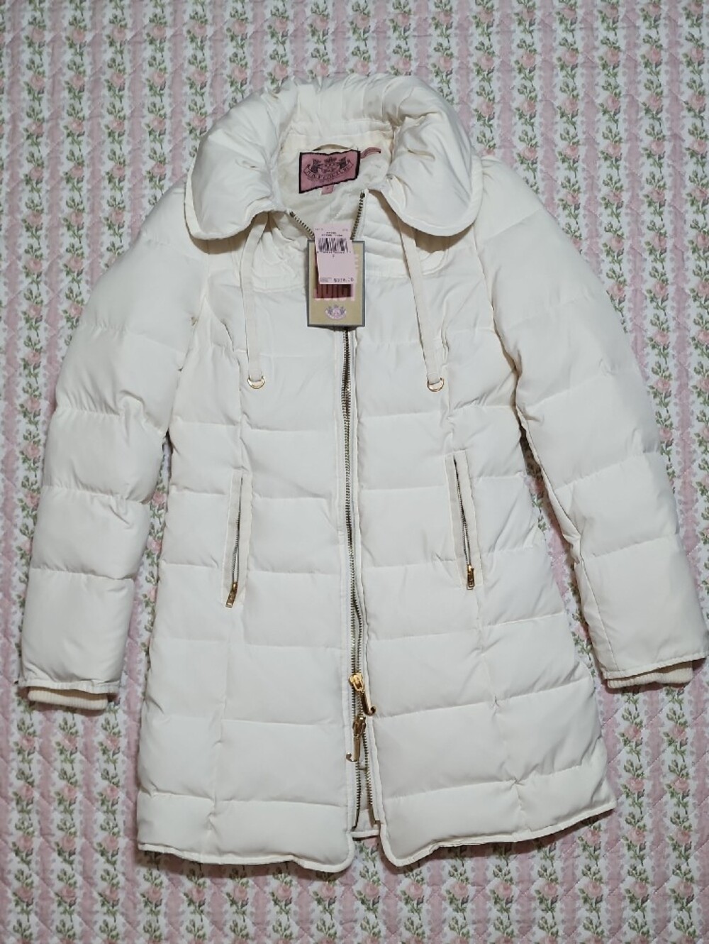 $398 NWT 💖 Juicy Couture Ivory Quilted Long Puffer Jacket P XS